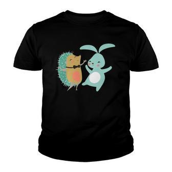 Cute Dancing Hedgehog & Rabbit Cartoon Art Youth T-shirt | Mazezy
