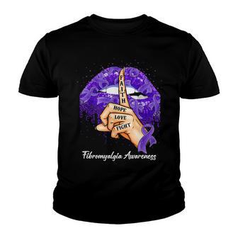 Faith Hope Love Fight Purple Ribbon Fibromyalgia Awareness Youth T-shirt - Thegiftio UK