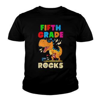 Fifth Grade Rocks T-Rex Dinosaur Guitar 1St Day Of School Youth T-shirt - Thegiftio UK