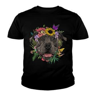 Floral Pit Bull Dog Spring Nature Dog Lovers T-Shirt Youth T-shirt - Seseable