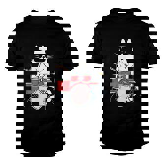 Funny Cat Wearing Sunglasses Playing Drums Drum Kit Musician Youth T-shirt | Mazezy