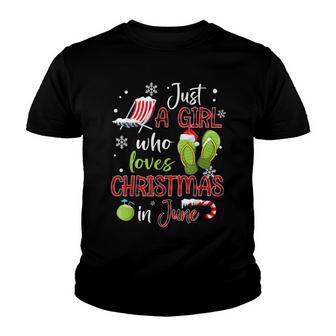Girl Who Loves Christmas In June Santa Hat Funny Summer Youth T-shirt - Thegiftio UK