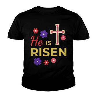 He Is Risen Jesus Happy Easter Cross Christian Faith Cute Youth T-shirt - Thegiftio UK