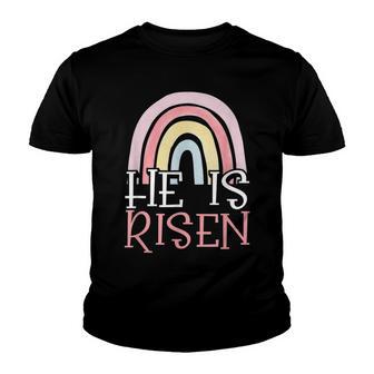 He Is Risen Jesus Happy Easter Rainbow Cross Christian Faith Youth T-shirt - Thegiftio UK