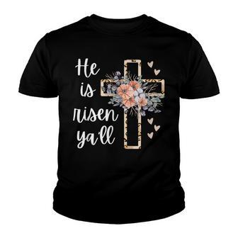 He Is Risen Yall Cheetah Cross Christian Faith Happy Easter Youth T-shirt - Thegiftio UK