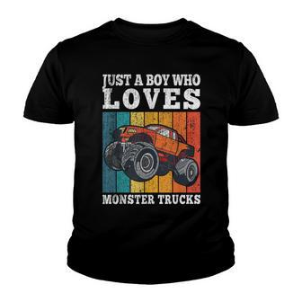 Just A Boy Who Loves Monster Trucks Kids Boys Truck Driver Youth T-shirt - Seseable