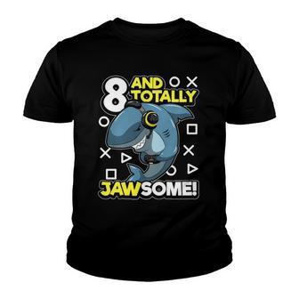 Kids 8Th Birthday Gamer Shark Funny Eight & Totally Jawsome Youth T-shirt | Mazezy