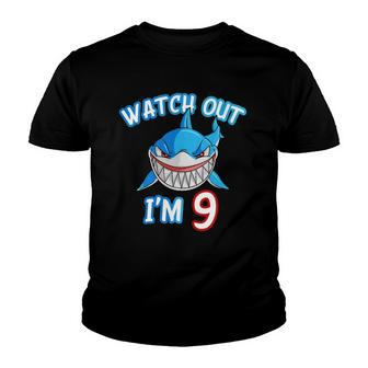 Kids 9 Years Old Boy Watch Out Shark 9Th Birthday Tee Youth T-shirt | Mazezy UK