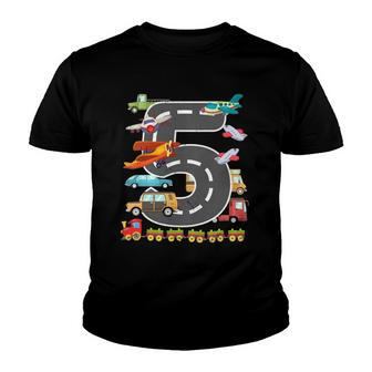 Kids Cute 5 Years Old Transportation Birthday Car Trains Plane 5 Transport Youth T-shirt | Mazezy CA