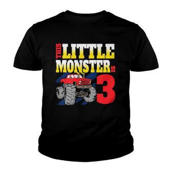 Kids Monster Trucks 3Rd Birthday Party Three Years Old Youth T-shirt | Mazezy