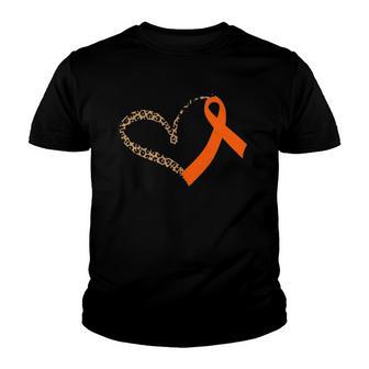 Leukemia Awareness Cancer Leopard Print Heart Orange Ribbon Youth T-shirt - Thegiftio UK