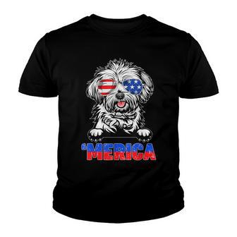 Lhasa Apso Dog With Merica Sunglasses 4Th Of July Funny Youth T-shirt - Seseable