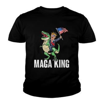 Maga King Trump Riding Dinosaur Youth T-shirt | Mazezy