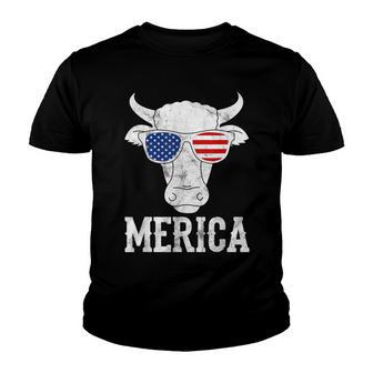 Merica Cow With Sunglasses Us Flag Patriotic Rancher Gift Youth T-shirt - Thegiftio UK