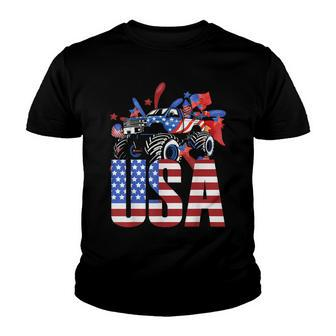 Monster Truck Toddler Boys Usa American Flag July 4Th Youth T-shirt - Seseable