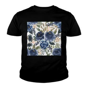Pattern Watercolor Flower Navy Blue Youth T-shirt | Favorety