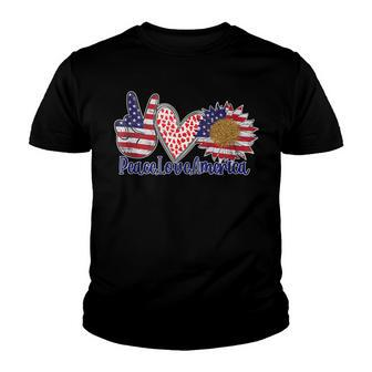Peace Love America 4Th July Patriotic Sunflower Heart Sign V5 Youth T-shirt - Seseable
