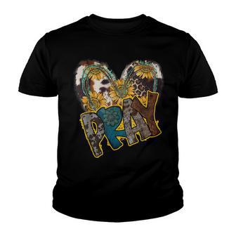 Pray Christian Faith Cowhide Leopard Heart With Sunflowers Youth T-shirt - Thegiftio UK