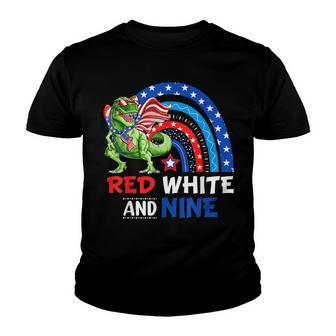 Red White And Ninth 9Th Birthday 4Th Of July Dinosaur Trex Youth T-shirt - Seseable