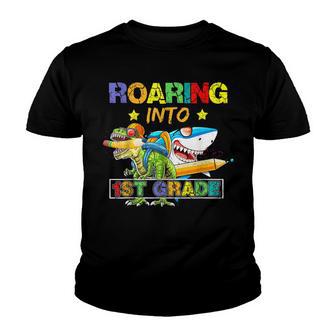 Roaring Into 1St Grade Dinosaur Shark Back To School Boys Youth T-shirt - Thegiftio UK