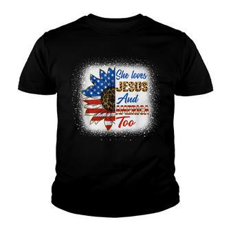 She Love Jesus And America Too American Flag Sunflower Women Youth T-shirt - Thegiftio UK