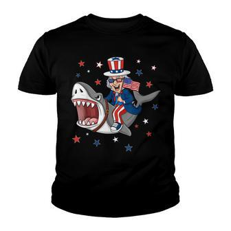 Uncle Sam Riding Shark 4Th Of July Patriotic Boys Kids Funny Youth T-shirt - Seseable