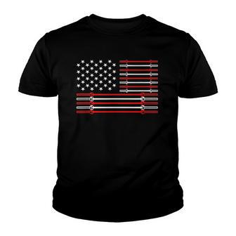 Us Flag Barbells Weightlifting Patriotic Gym Workout Youth T-shirt | Mazezy
