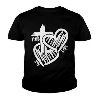 Valentine Day Cross Faith A Hope A Love Doodle Hearts Youth T-shirt - Thegiftio UK