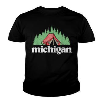 Vintage Michigan Camping Retro Trees & Tent Graphic Youth T-shirt - Thegiftio UK