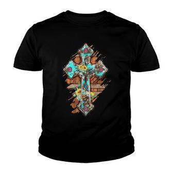 Western Boho Christian Turquoise Leopard Faith Cross Jesus Youth T-shirt - Thegiftio UK