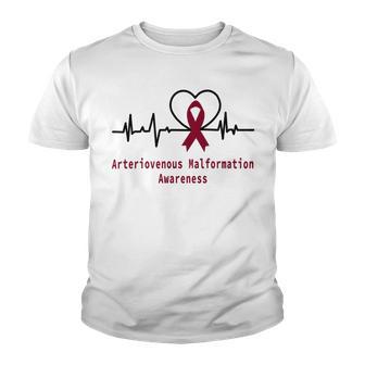 Arteriovenous Malformation Awareness Heartbeat Burgundy Ribbon Arteriovenous Malformation Support Arteriovenous Malformation Awareness Youth T-shirt | Favorety DE