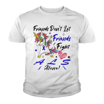 Friends Dont Let Friends Fight Als Alone Unicorn Blue Ribbon Amyotrophic Lateral Sclerosis Support Als Awareness Youth T-shirt | Favorety CA