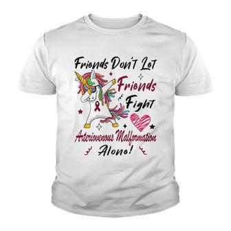 Friends Dont Let Friends Fight Arteriovenous Malformation Alone Unicorn Burgundy Ribbon Arteriovenous Malformation Support Arteriovenous Malformation Awareness Youth T-shirt | Favorety CA