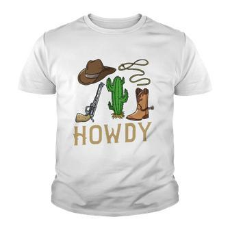 Howdy Cowboy Western Country Cowboy Hat Boots Youth T-shirt | Mazezy