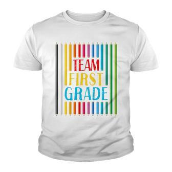 Kids First Day Of School Team 1St Grade Colored Crayons Funny Youth T-shirt - Seseable