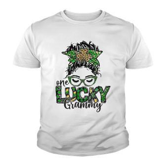 One Lucky Grammy St Patricks Day Messy Bun Leopard Youth T-shirt | Favorety UK