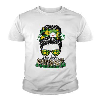 One Lucky Nurse Irish Leopard Messy Bun St Patricks Day Youth T-shirt | Favorety