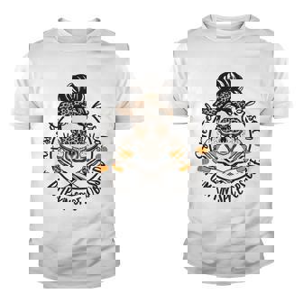 Stressed Blessed Pumpkin Spice Obsessed Halloween Messy Bun Skull Youth T-shirt - Monsterry