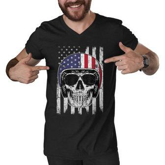 4Th Of July American Flag Skull Motorcycle T Men Dad Men V-Neck Tshirt - Seseable