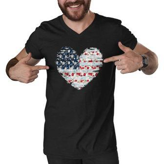 4Th Of July For Women American Flag Floral Heart Gift Men V-Neck Tshirt | Mazezy