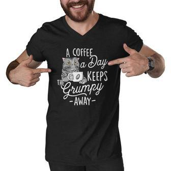 A Coffee A Day Keeps The Grumpy Away - Coffee Lover Caffeine Men V-Neck Tshirt | Mazezy