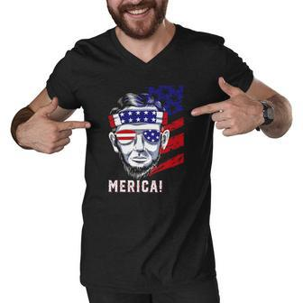 Abraham Lincoln 4Th Of July Merica Men Women American Flag Men V-Neck Tshirt | Mazezy
