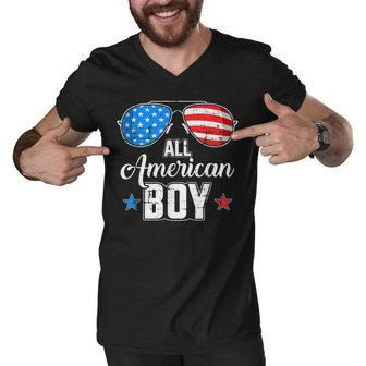 All American Boy Us Flag Sunglasses For Matching 4Th Of July Men V-Neck Tshirt | Mazezy