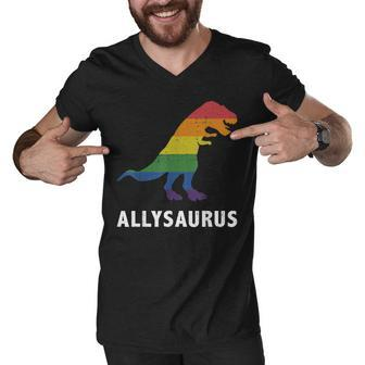 Allysaurus Dinosaur In Rainbow Flag For Ally Lgbt Pride Men V-Neck Tshirt | Mazezy