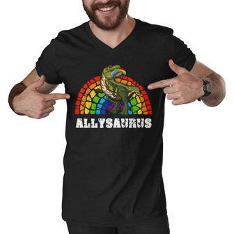 Allysaurus Dinosaur In Rainbow Flag For Ally Lgbt Pride V3 Men V-Neck Tshirt - Seseable