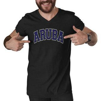 Aruba Varsity Style Navy Blue Text Men V-Neck Tshirt | Mazezy