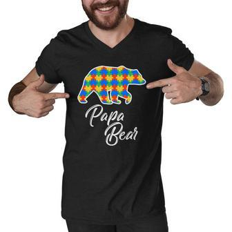 Bear Autism Puzzle Awareness Papa Bear Gifts Men V-Neck Tshirt | Mazezy