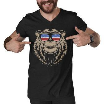 Bear Sunglasses 4Th Of July American Flag Patriotic Animal Men V-Neck Tshirt - Seseable