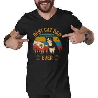Best Cat Dad Ever Paw Fist Bump Fit Vintage Retro Gift Daddy Men V-Neck Tshirt | Mazezy