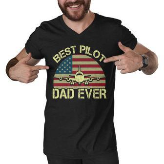 Best Pilot Dad Ever Fathers Day American Flag 4Th Of July Men V-Neck Tshirt - Seseable